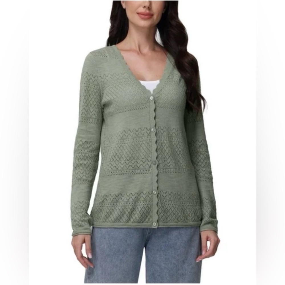 FRYE Pointelle Knit Green Cardigan Size L